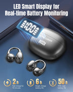 Kinglucky Clip-On Earbuds Gen 3, Open-Ear Wireless Bluetooth 6.0 Headphones with Mic, Secure Fit for Small Ears & Glasses Wearers, 50H Playtime, LED Digital Display, ENC, IPX5 Waterproof(Balck)