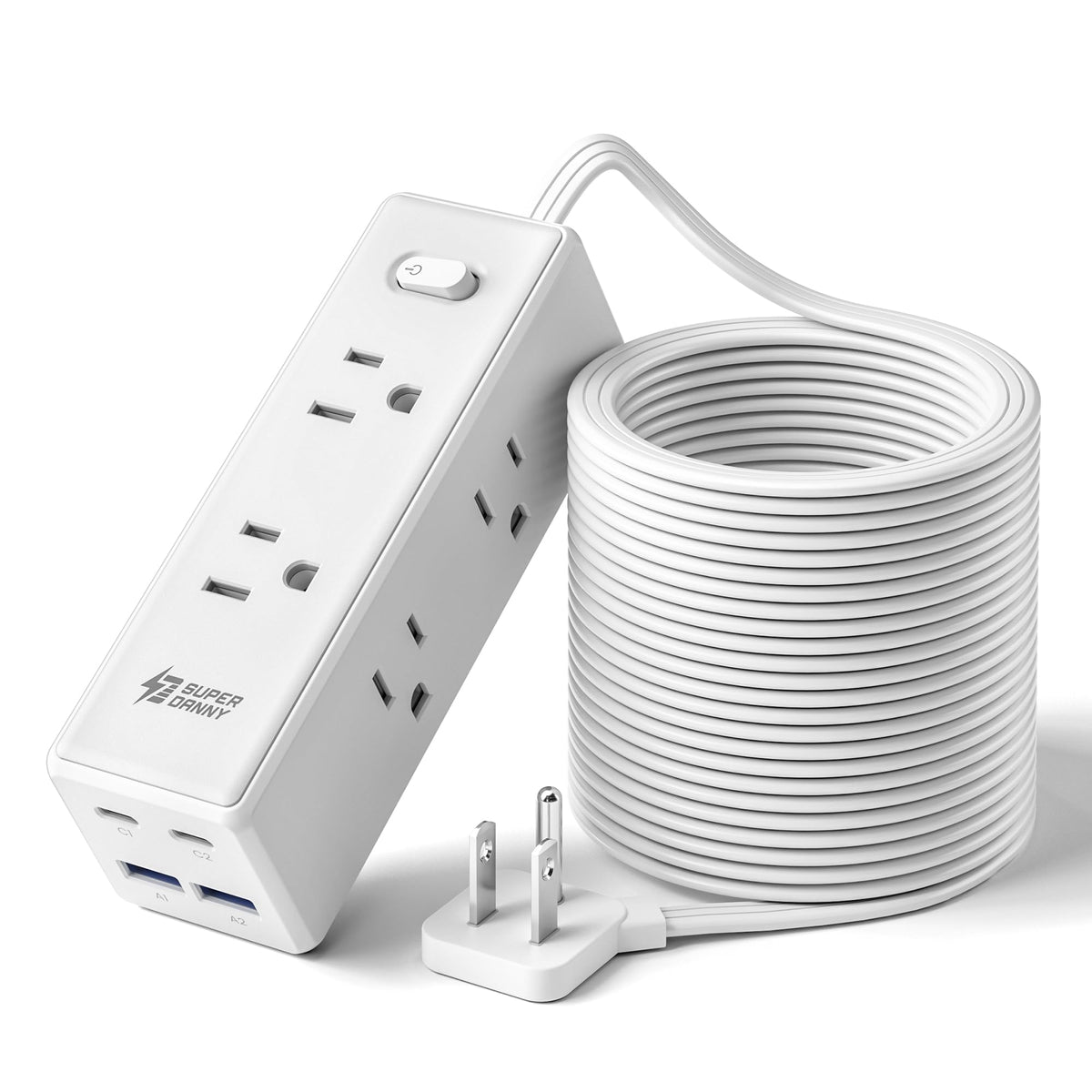 SUPERDANNY 15Ft Extension Cord with Multiple Outlets, Flat Plug Power Strip