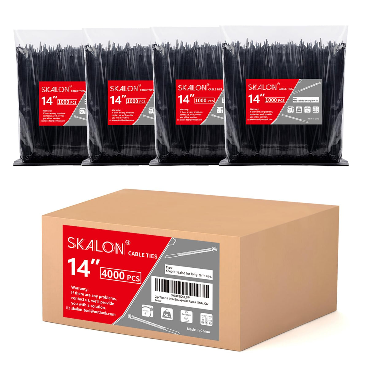 Zip Ties 8 inch (1000 Pack), 40lbs Tensile Strength, Black Cable Ties, Wire Ties for indoor and outdoor use, by Skalon