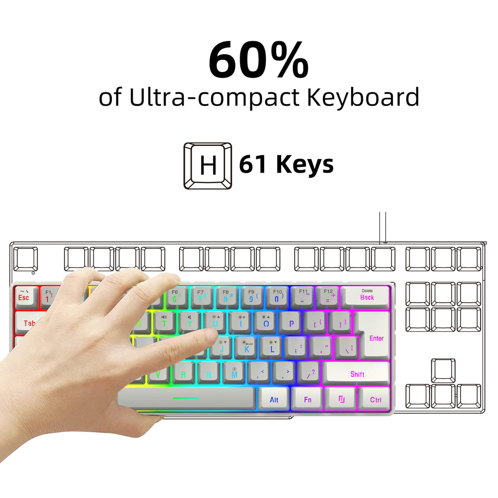 Snpurdiri 60% Wired Mechanical Gaming Keyboard, Ice Blue LED Backlit 61 Keys Mini Wired Office Keyboard for Windows Laptop PC Mac (Black-White, Red Switches)
