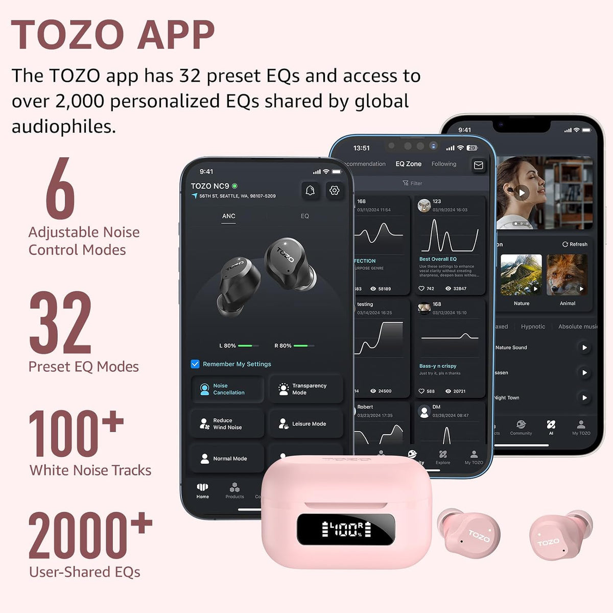 TOZO NC9 Hybrid Active Noise Cancelling Wireless Earbuds, 60H, LED Display