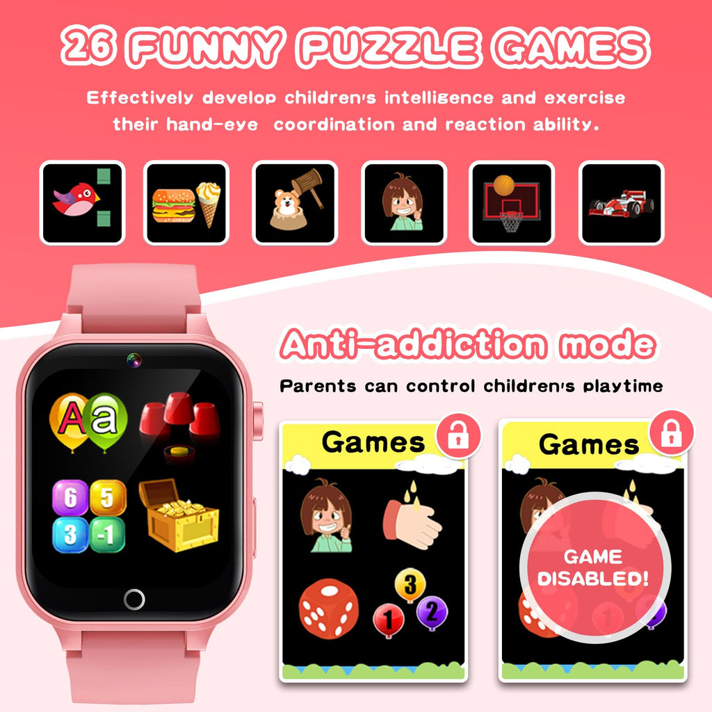 Kids Smart Watches Girls Age 5-12, 26 Games High-Resolution Touchscreen Kids Watch with Video Camera Music Player Pedometer Flashlight 12/24 hr Educational Toys Birthday Gifts for Girls Ages 6 7 8