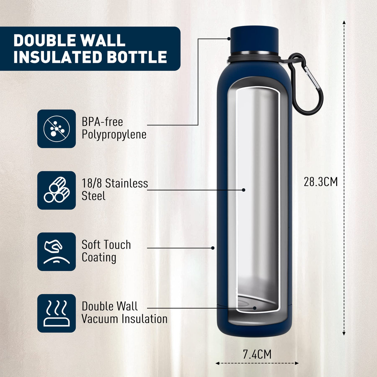 Exllena Insulated Black Water Bottles 750ml with Clip, Double Wall Vacuum Drinks Bottle Keeps Drinks Cold 24 Hrs/Hot 12 Hrs, Stainless Steel Water Bottle BPA Free