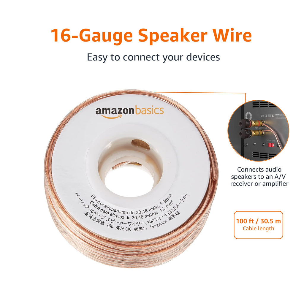 Amazon Basics 16-Gauge Speaker Wire Cable, Polarity Marked, 50 feet, Transparent