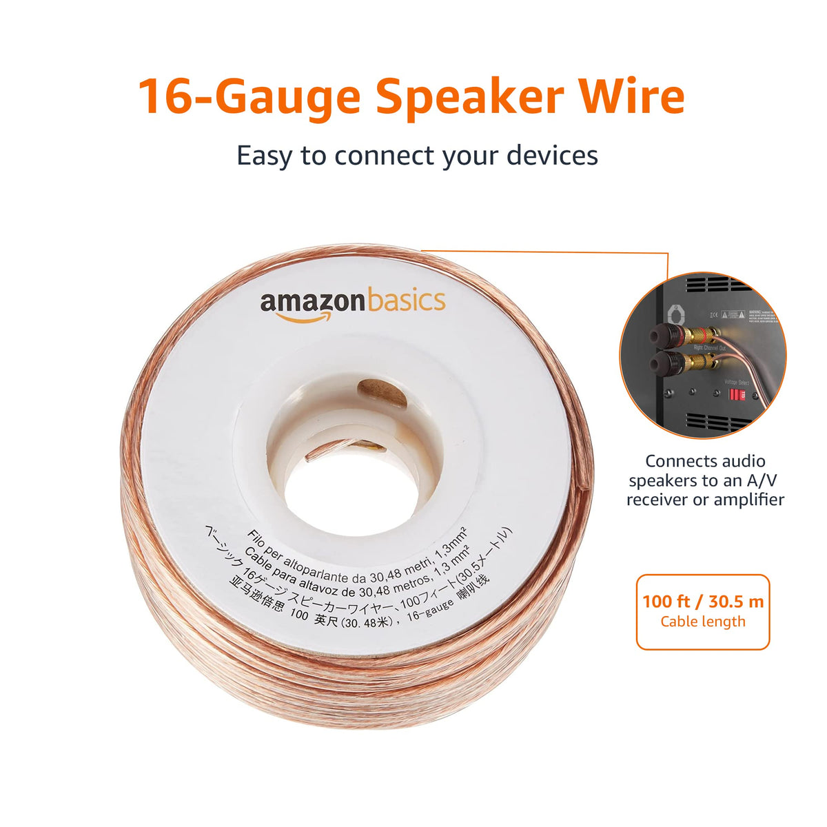 Amazon Basics 16-Gauge Speaker Wire Cable, Polarity Marked, 50 feet, Transparent