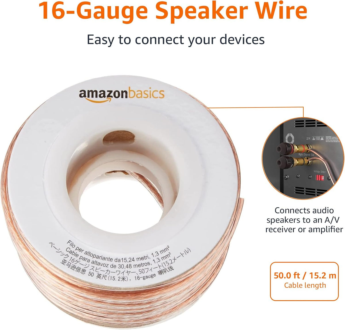 Amazon Basics 16-Gauge Speaker Wire Cable, Polarity Marked, 50 feet, Transparent