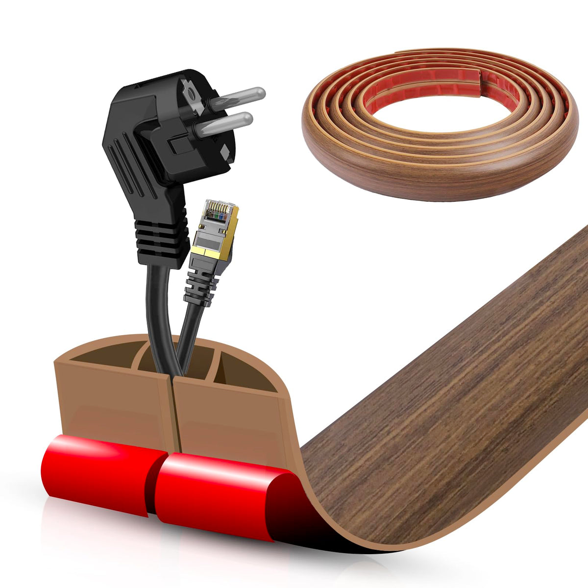 Floor Cord Cover Self Adhesive Cord Hider,3.3FT Cable Management, Extension Strip Protector for Wires, Prevent Cable Trips for Offices, Gyms, Exhibitions Cavity:0.3"(W) x 0.28"(H) Brown Wood