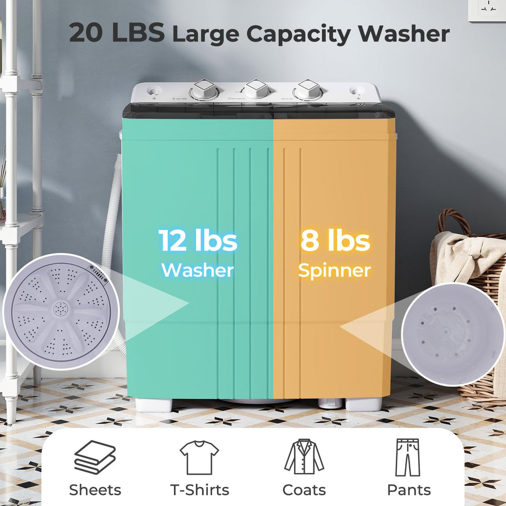 Giantex Portable Washing Machine, 20lbs Capacity, 12lbs Washer and 8lbs Spinner, Compact for Apartment RV, Gray & White, GX20313-PE
