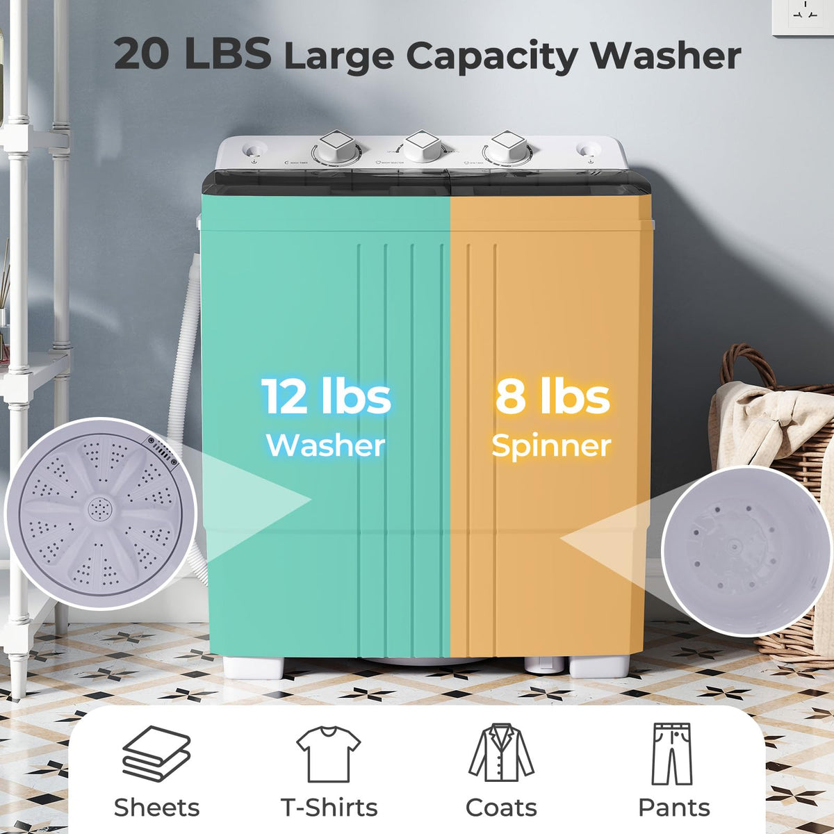Giantex Portable Washing Machine, 20lbs Capacity, 12lbs Washer and 8lbs Spinner, Compact for Apartment RV, Gray & White, GX20313-PE