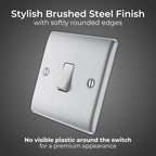 BG Electrical Single Wall Light Switch, 2 Way, Raised and Slim Profile, Round Edges, Nexus Metal, Brushed Steel, 20A, 16AX, NBS12