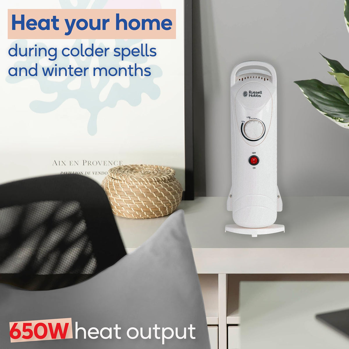 Russell Hobbs 2000W/2KW Oil Filled Radiator, 9 Fin Portable Electric Heater - White, Adjustable Thermostat with 3 Heat Settings, Safety Cut-off, 20 m sq Room Size, RHOFR5002, 2 Year Guarantee