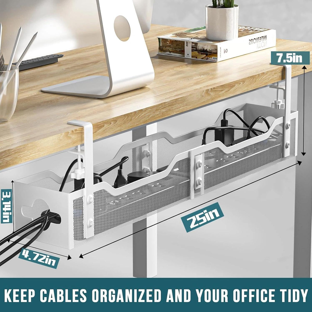 Under Desk Cable Management Tray 2 Pack, No Drill Cable Organizer With Clamp for Standing Desk, Easy to Install Cord Management System, No Damage Wire Organizer