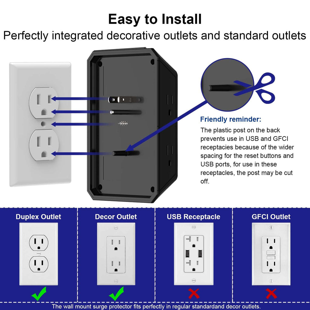 Multi Plug Wall Outlet Surge Protector with 6-Outlet & 4 USB Ports(2USB-C)