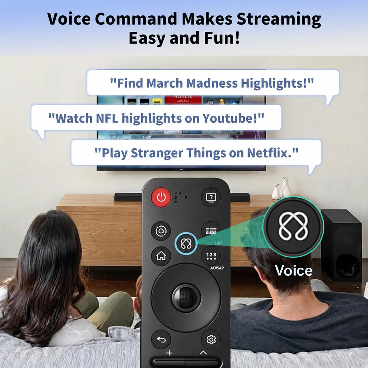 Rechargeable TV Remote for Samsung Smart TVs, Replacement for All 2019-2026 Samsung TV Remote Control with Voice Control. USB-C Fast Charging. Solar Charging. 2-Year Warranty.