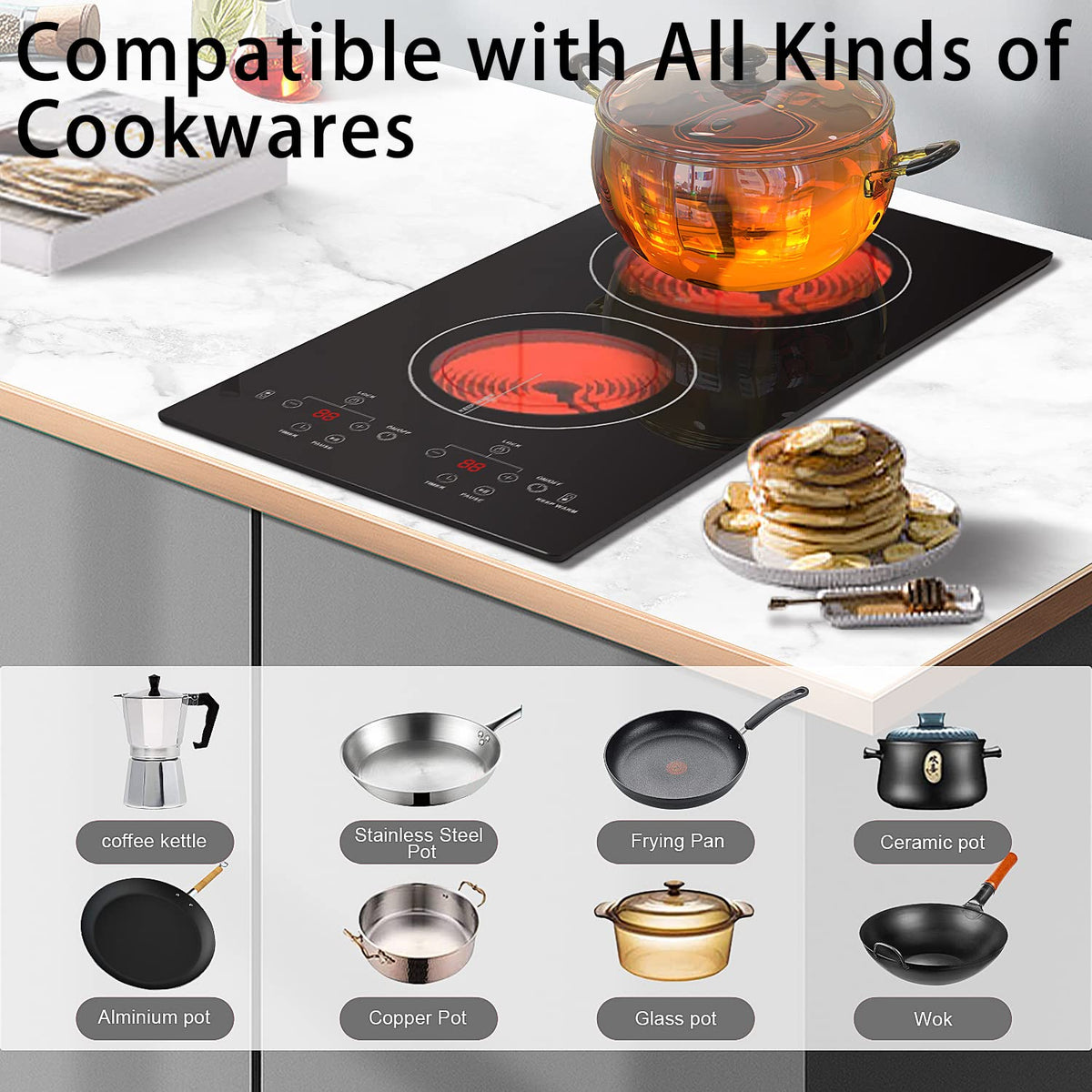 Karinear Electric Cooktop 2 Burners, 110v Plug in Electric Stove Top