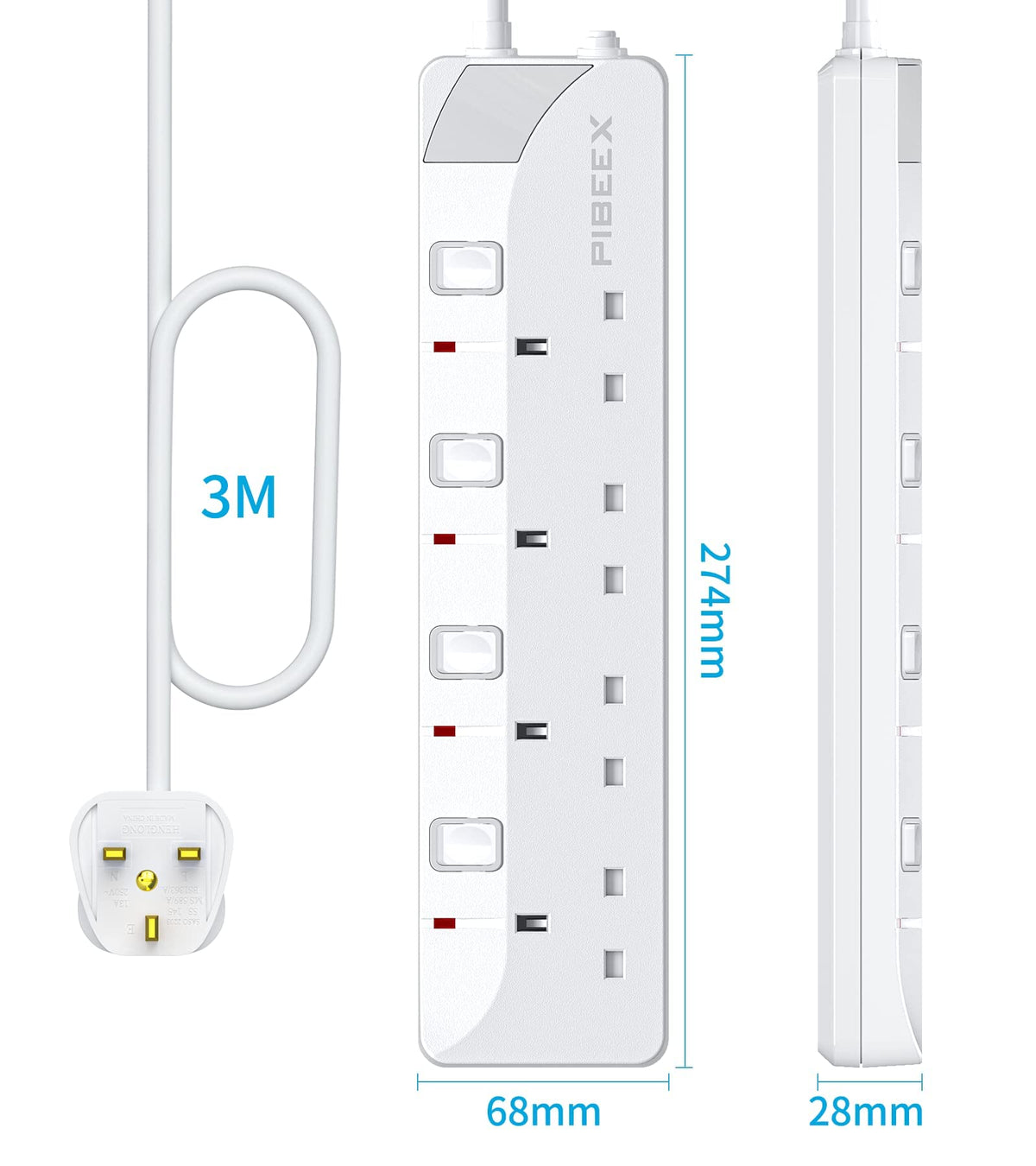 PIBEEX Extension Lead 2 Way Plug Sockets with Individual Switches Wall Mountable Power Strip 3M Extension Cable 13A Fused UK Plug 3250W