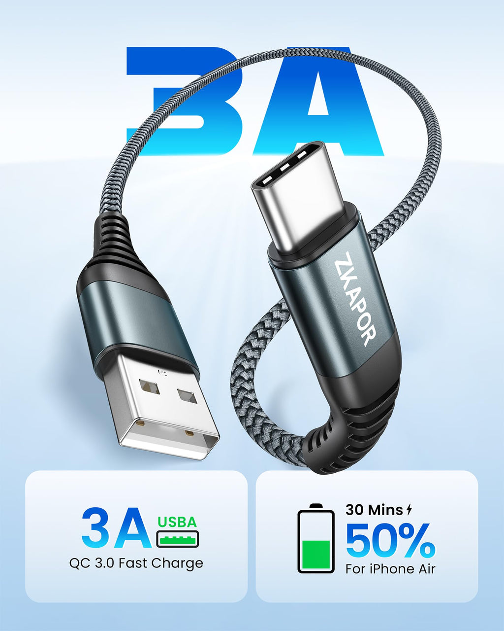 ZKAPOR Short USB C Cable 30CM, Type C Charger Cable 3A Fast Charging USB C