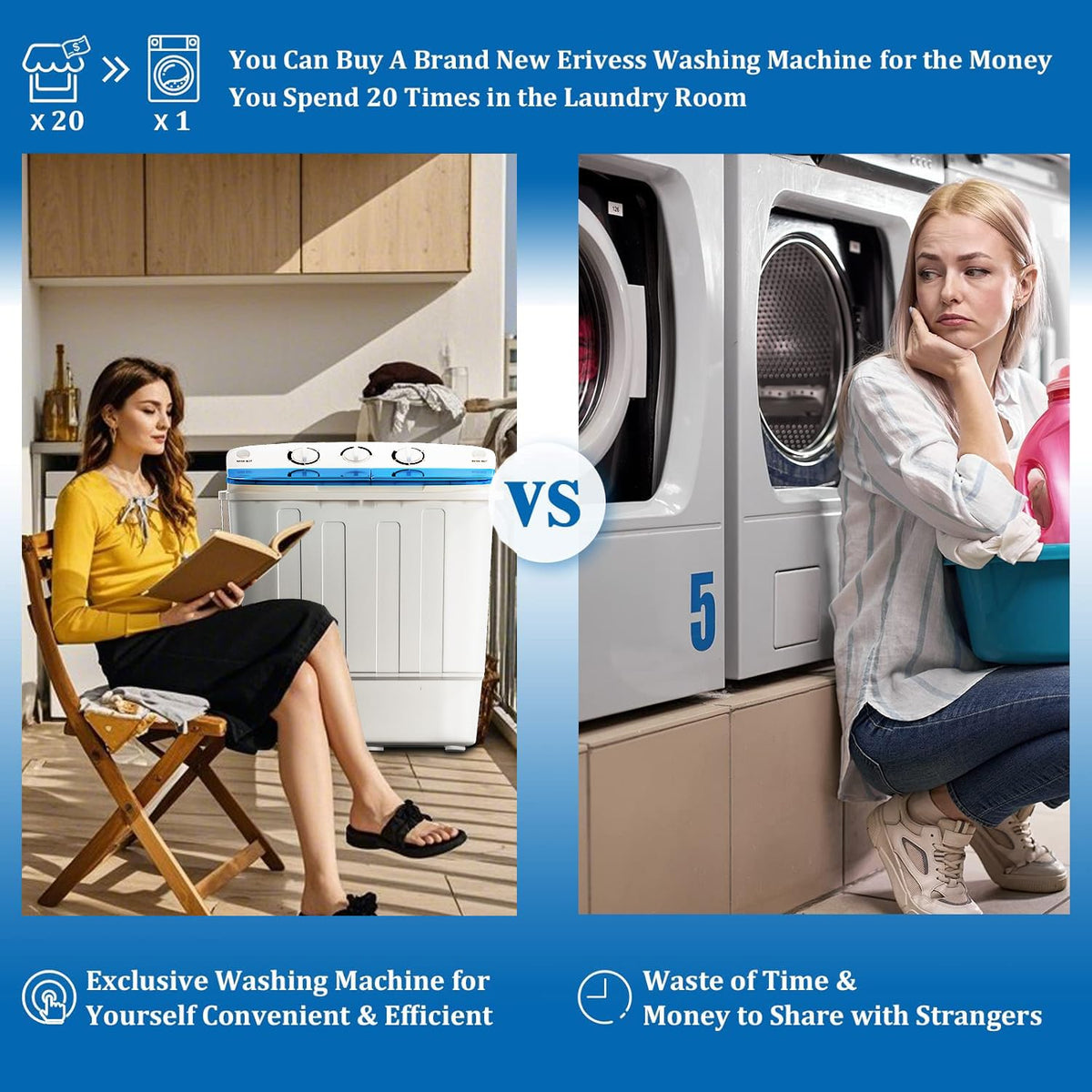 Erivess Portable Twin Tub 19lbs Washing Machine with Drying Rack and 10 Hangers, 12lbs Washer Mini Compact Laundry Machine with 7lbs Spinner, 1500rpm Semi-automatic Washer Combo for Dorm&Apartment