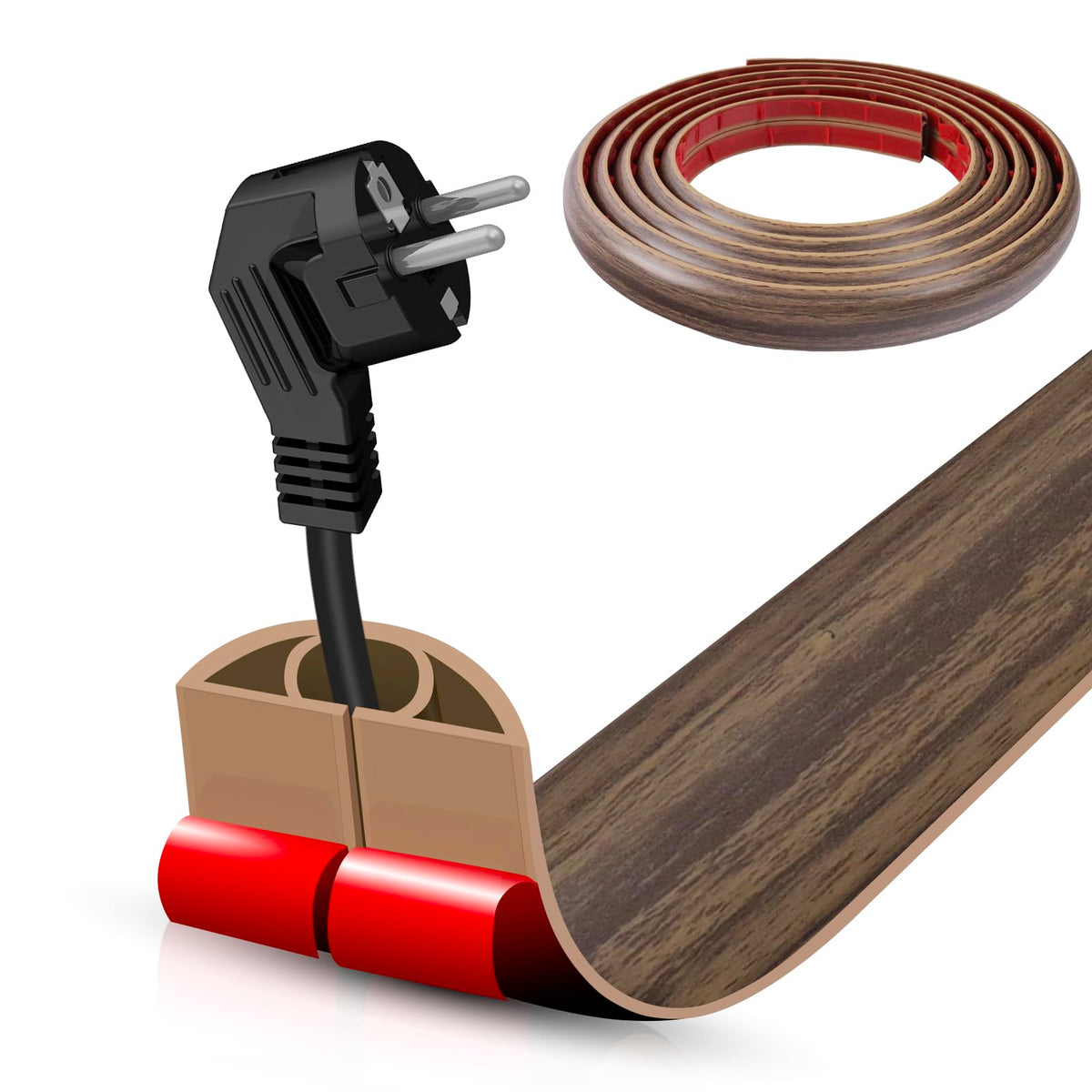 Floor Cord Cover Self Adhesive Cord Hider,3.3FT Cable Management, Extension Strip Protector for Wires, Prevent Cable Trips for Offices, Gyms, Exhibitions Cavity:0.3"(W) x 0.28"(H) Brown Wood