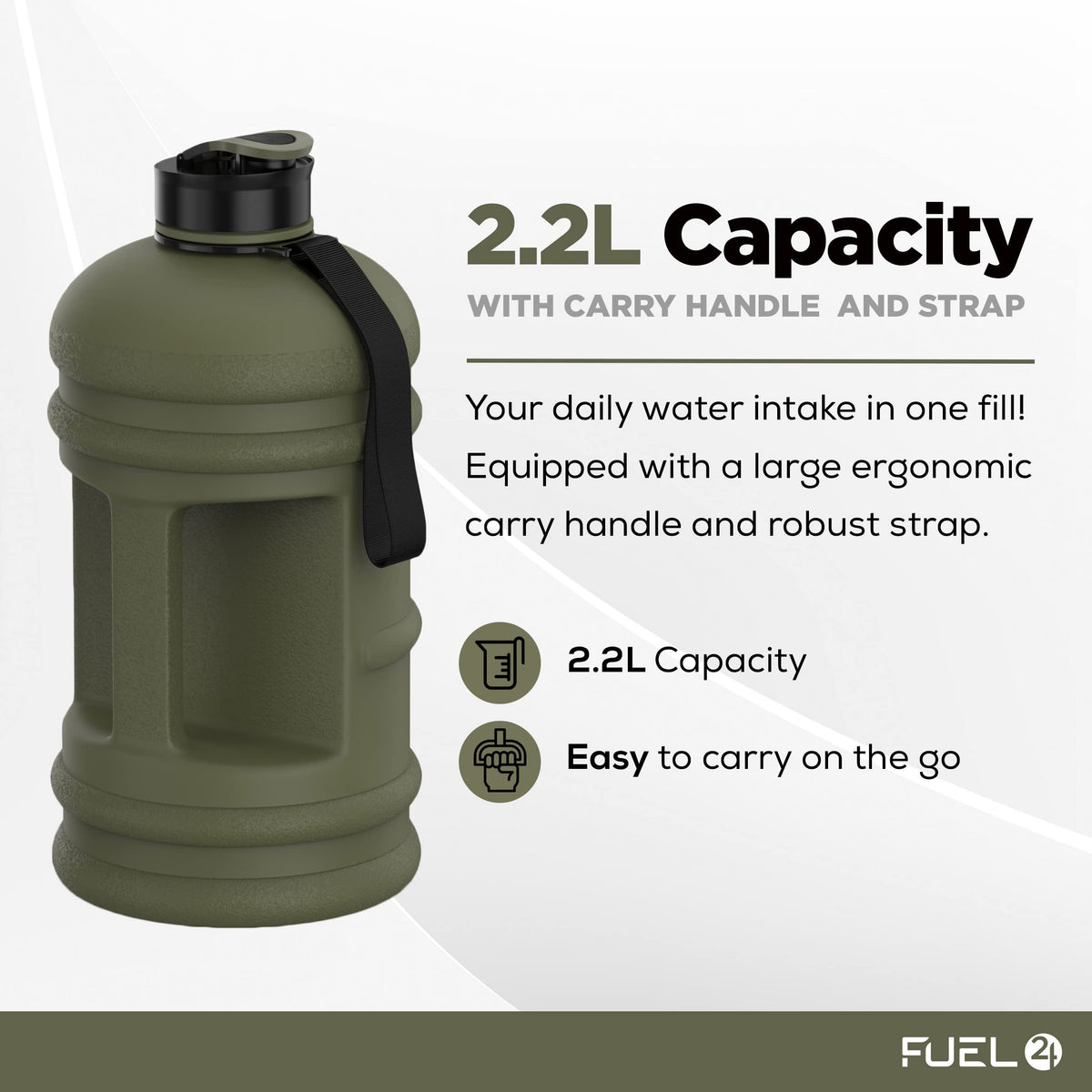 Fuel24 Jug - 2.2 Litre Water Bottle - Extra Strong Flex Material - Drop Proof, Pop or Straw Cap Options - 2.2L Large Gym Sports Bottle, BPA FREE