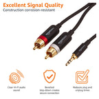 Amazon Basics 3.5mm Aux to 2 RCA Audio Cable Adapter for Amplifiers, Active Speakers, Gold-Plated Connectors, Clear Sound Quality, Shielded Construction, 8 Feet/2.4 m, Black