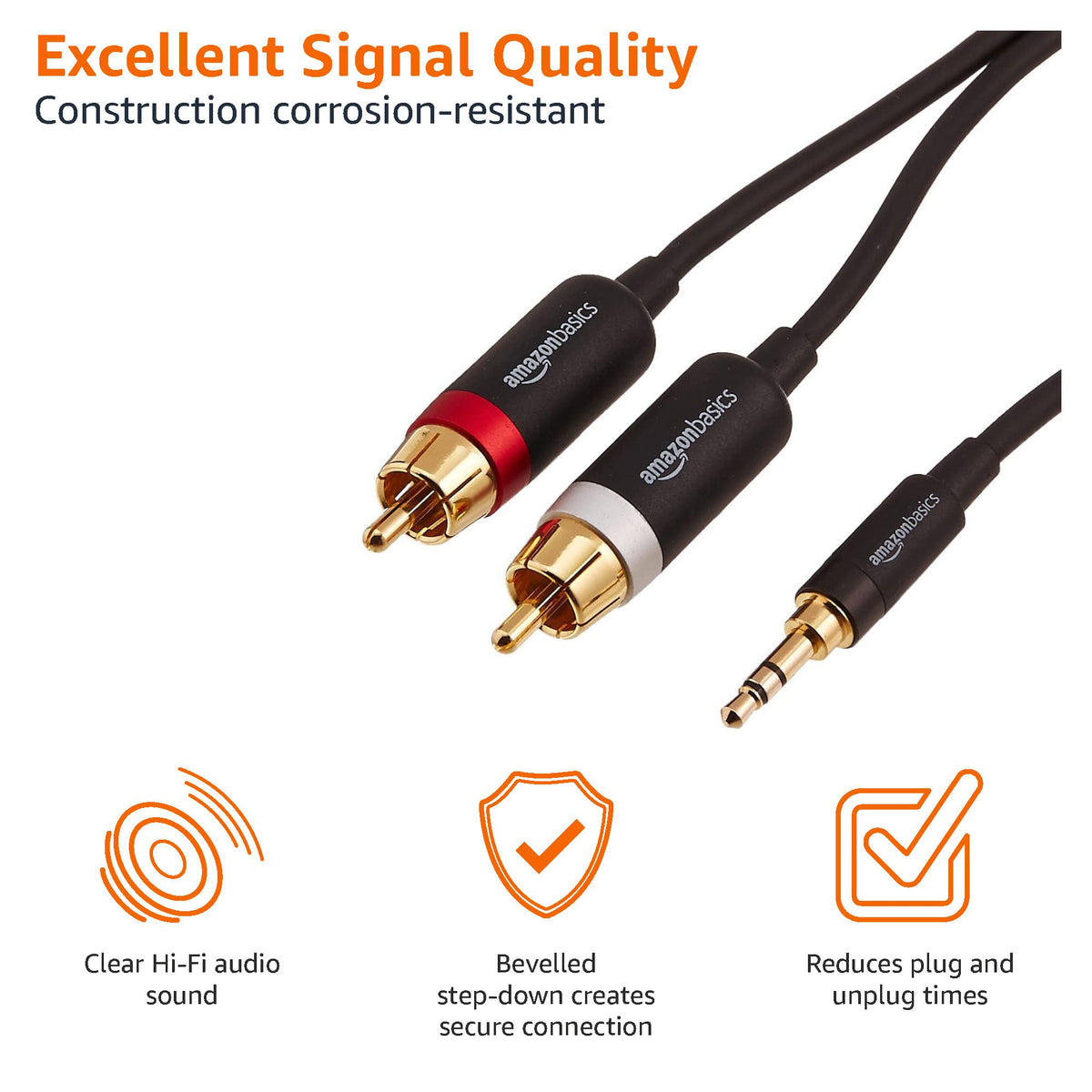 Amazon Basics 3.5mm Aux to 2 RCA Audio Cable Adapter for Amplifiers, Active Speakers, Gold-Plated Connectors, Clear Sound Quality, Shielded Construction, 8 Feet/2.4 m, Black