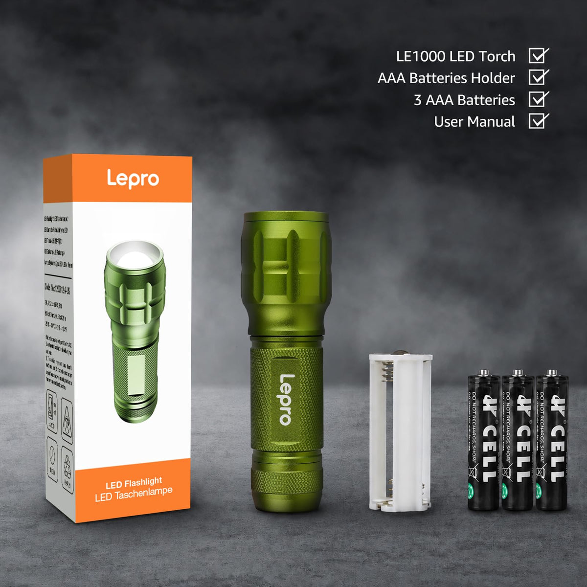 LE LED Torch, LE1000 Powerful Handheld Flashlight, Adjustable Focus, 4 PCs