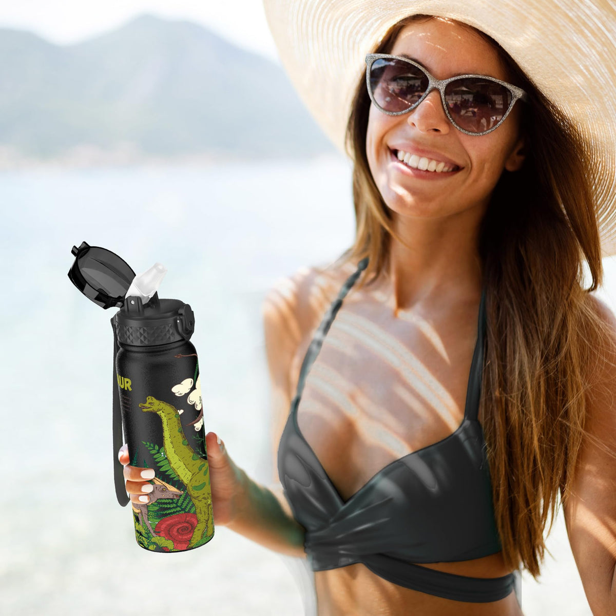 GOPPUS 600ml/20oz Stainless Water Bottle with Straw Double Wall Insulated Bottles with Strap One Hand Open Vacuum Thermal Flask with Flip Top Lid Leakproof Keep Cold Drinks BPA Free