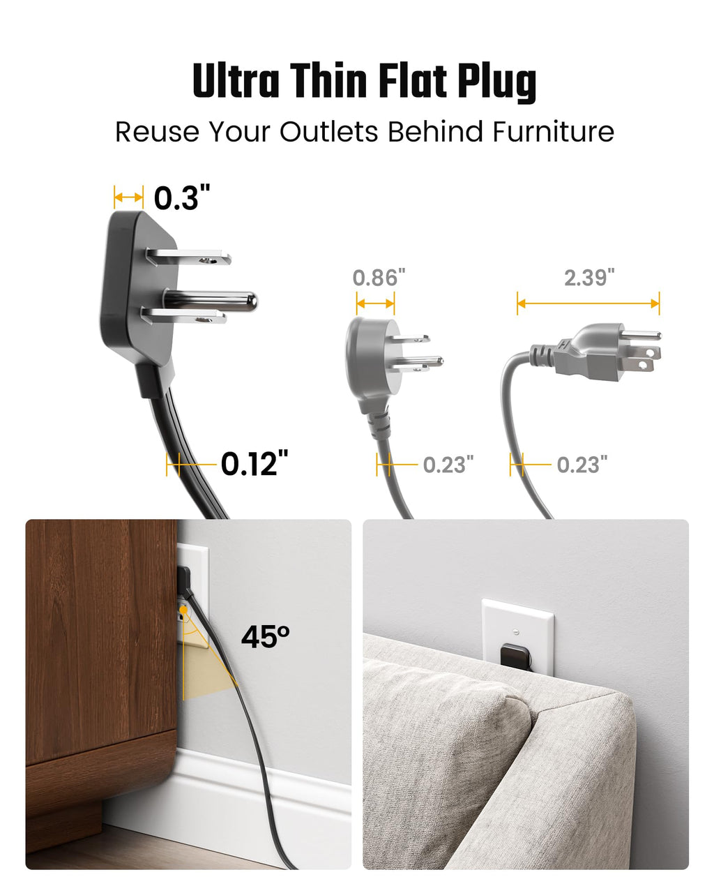 SUPERDANNY 15Ft Extension Cord with Multiple Outlets, Flat Plug Power Strip