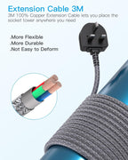 3M Tower Extension Lead with 2 USB C Slots, 8 Way Outlets Power Strip, 10Ft