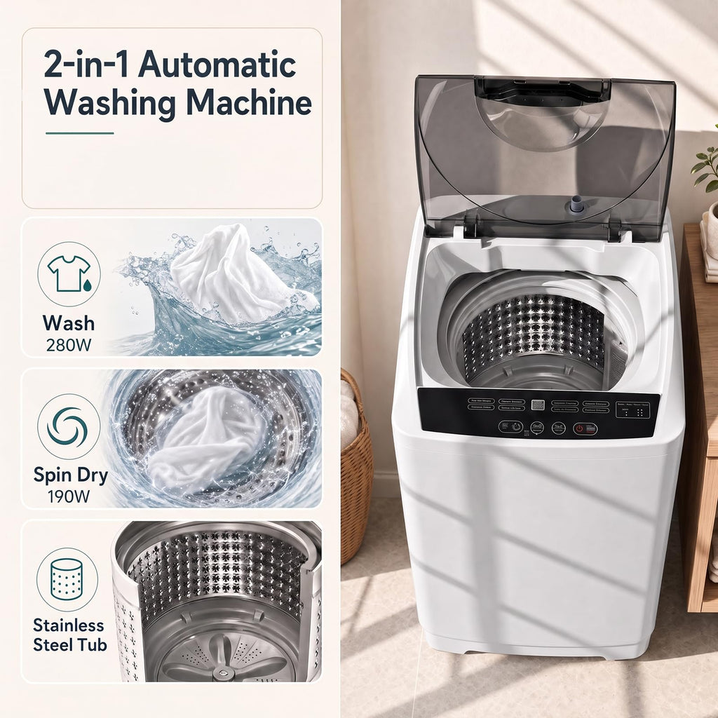 COSTWAY 8.8LBS Portable Washing Machine, Full-Automatic w/Drain Pump, White