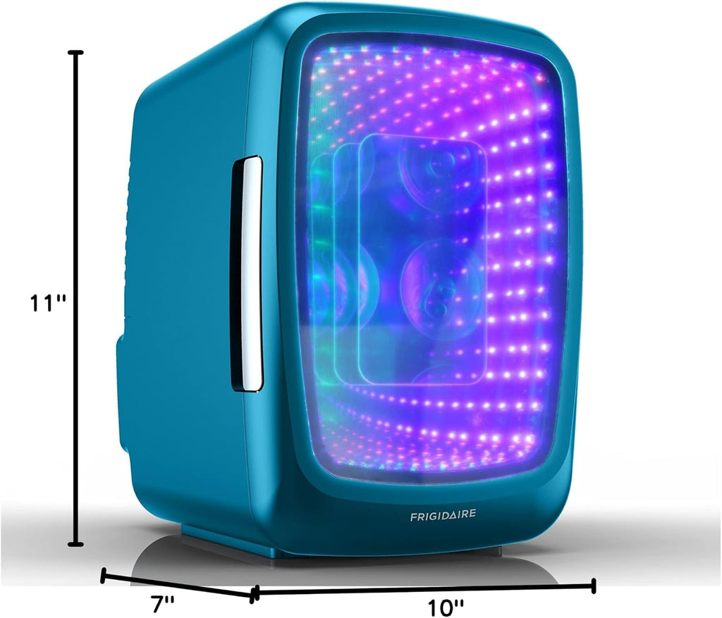 Frigidaire Gaming Light Up Mini Beverage Refrigerator, 6 can, 4 liters, Cooler with large see through door and LED lights Perfect for Gaming Experience, Home, Office, or Cars.12V Charger (Blue)