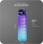 Roe Tenpo Sports Water Bottle with Straw and Time Marking, and 32OZ Capacity - Motivational and Eco-Friendly BPA-Free Bottle for Running, Gym, Yoga, Outdoors, and Camping (Style-1, Black)