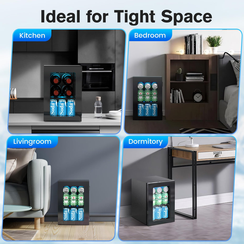 Electactic 48 Can Beverage Refrigerator,12 Bottle Wine Cooler with Seamless Stainless Steel & Glass Door, Digital Temperature Display, Countertop Mini Fridge for Soda, Wine or Beer, Silver