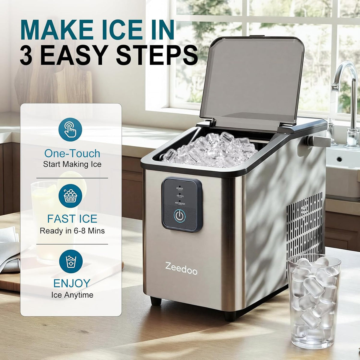 ZEEDOO Portable Ice Maker Countertop, 26lbs/24H Ice Machine with Handle, Compact Lightweight Stainless Steel Design, Slow-Melting Clear Bullet Ice, Self-Cleaning for Home, Kitchen, RV & Camping