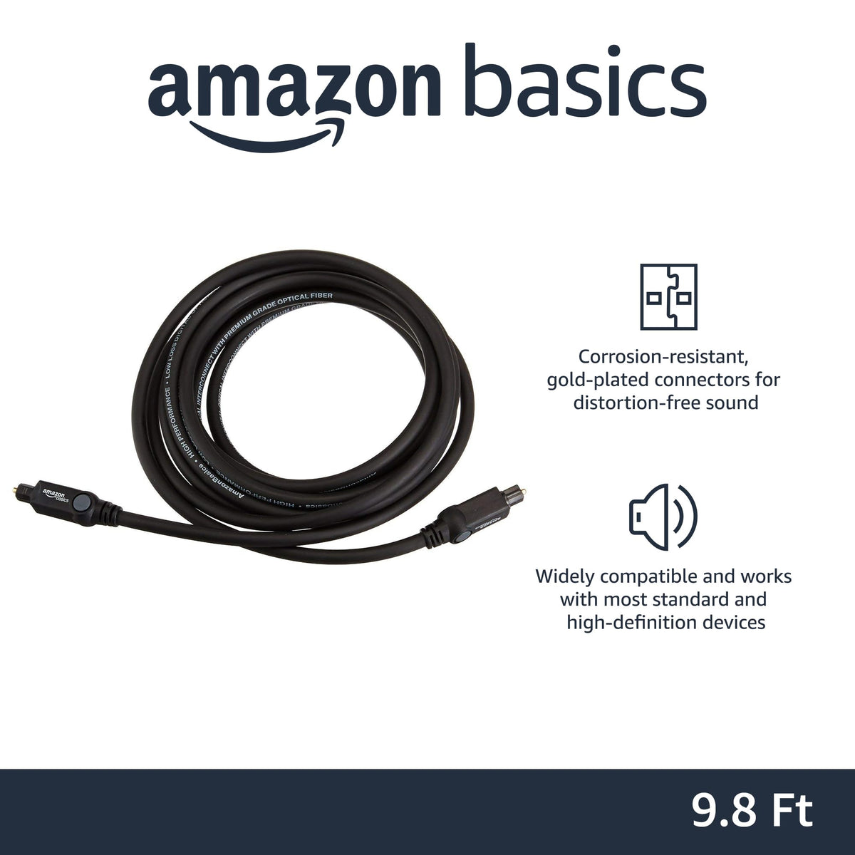 Amazon Basics Toslink Digital Optical Audio Fiber Optic Cable, Multi-Channel, for Sound Bar, Audio System, Home Theatre, Game Console, Blu-Ray Player, Gold-Plated Connectors, 6 Foot, Black