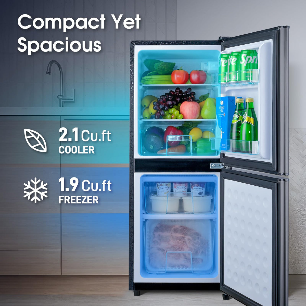 Anypro 4.0 Cu.Ft Fridge with Bottom Freezer, 2 Door Refrigerator with Drawer, 7 Level Temperatures and Adjustable Shelves for Bedroom, Dorm, Office, Apartment, Silver