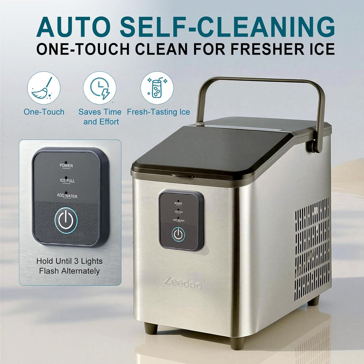 ZEEDOO Portable Ice Maker Countertop, 26lbs/24H Ice Machine with Handle, Compact Lightweight Stainless Steel Design, Slow-Melting Clear Bullet Ice, Self-Cleaning for Home, Kitchen, RV & Camping