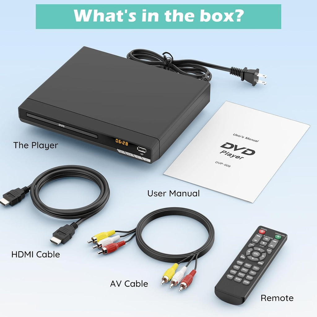 DVD Players for TV with HDMI,Plays All Regions and Formats,CD Players for Home,Support 1080P Video/CD/DVD/VCD/JPEG/USB, Remote, HDMI and RCA Cables Included (2026 New Model)