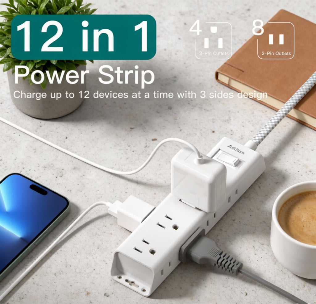Flat Plug Power Strip, Ultra Thin Flat Extension Cord - 12 Outlets 3 Sides