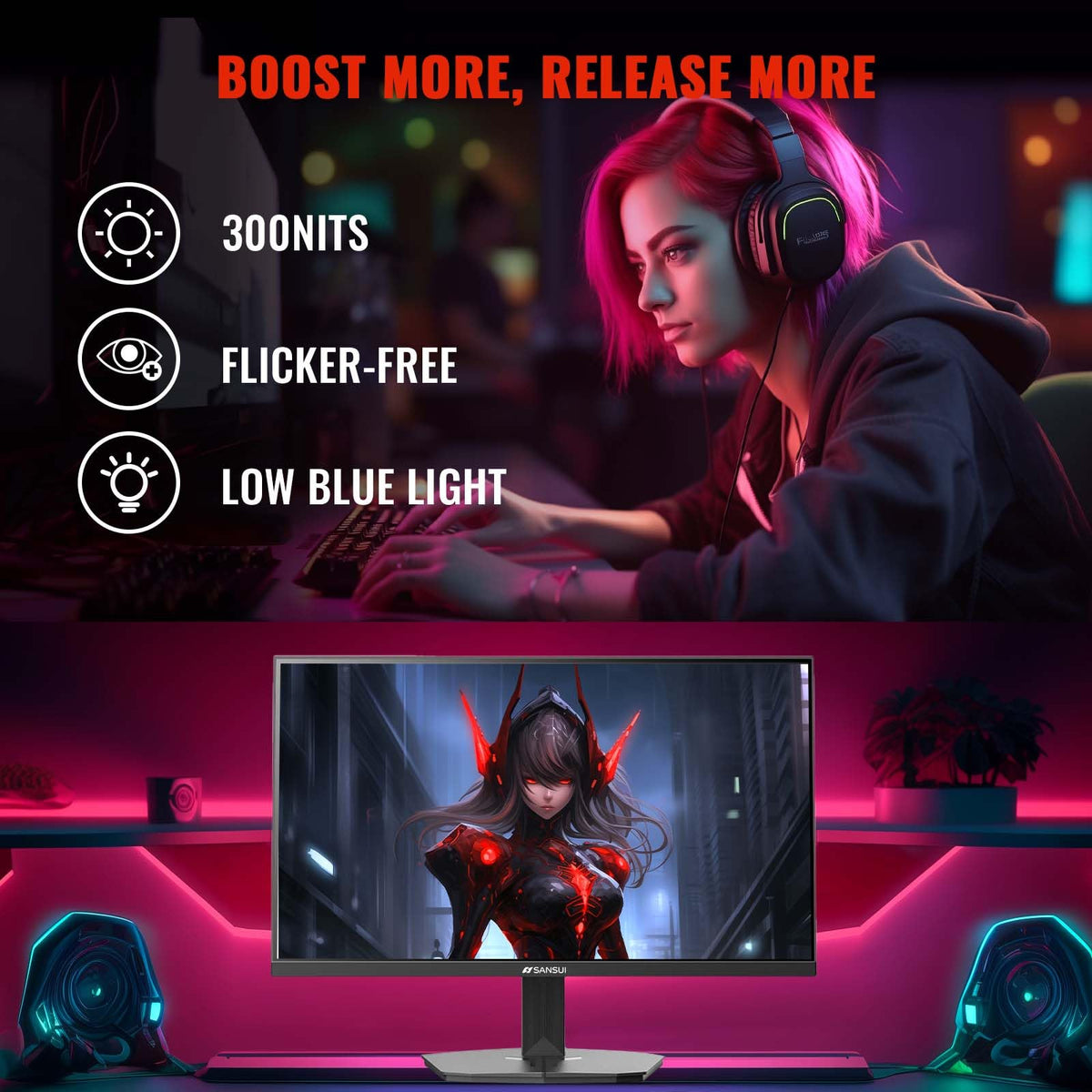 SANSUI 24 Inch Gaming Monitor 200Hz 1Ms FreeSync HDR 110% sRGB FHD 1080P Computer Monitor HDMI DP Ports Eye Care Frameless VESA Mount Cable Management(ES-G24F4L HDMI Cable Included)
