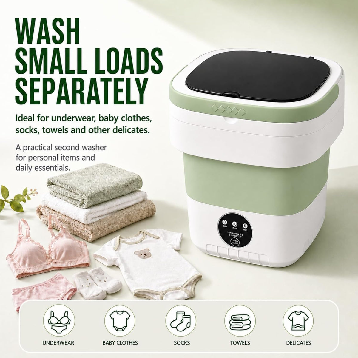 Portable Washing Machine【Upgraded 20L Capacity・3 Modes Deep Cleaning・1-Year Free Replacement】Foldable Mini Washer and Dryer, Small Washing Machine for Travel, Dorms, RVs, Camping (Green)