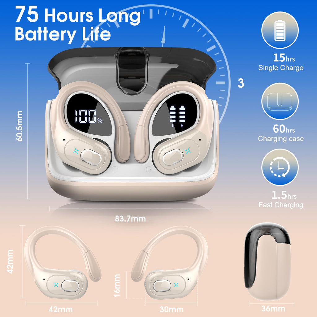 Aptkdoe Wireless Earbuds 75H Bluetooth 5.4 Sport Headphones with Earhooks