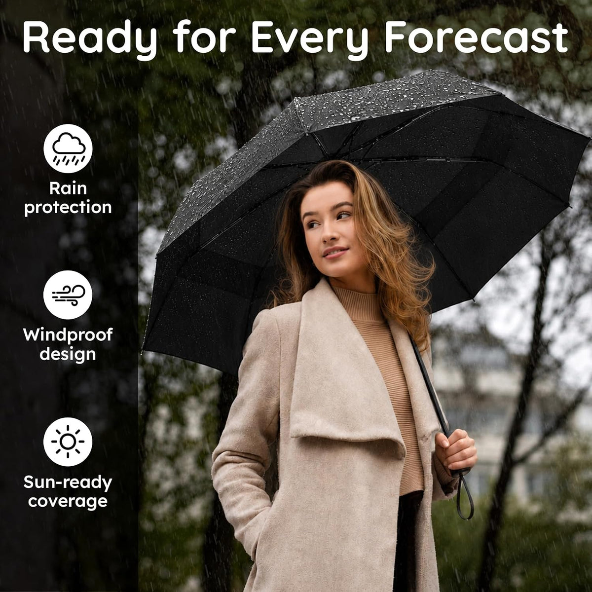 Compact Travel Umbrella, Windproof Automatic Folding with Fiberglass Ribs