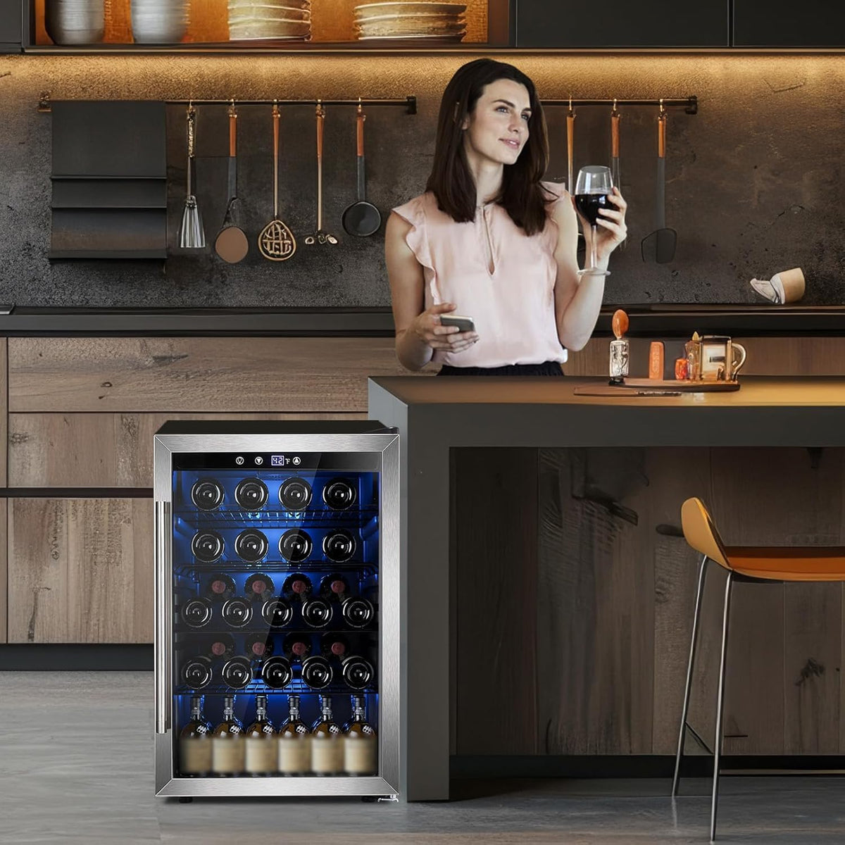 Electactic 48 Can Beverage Refrigerator,12 Bottle Wine Cooler with Seamless Stainless Steel & Glass Door, Digital Temperature Display, Countertop Mini Fridge for Soda, Wine or Beer, Silver