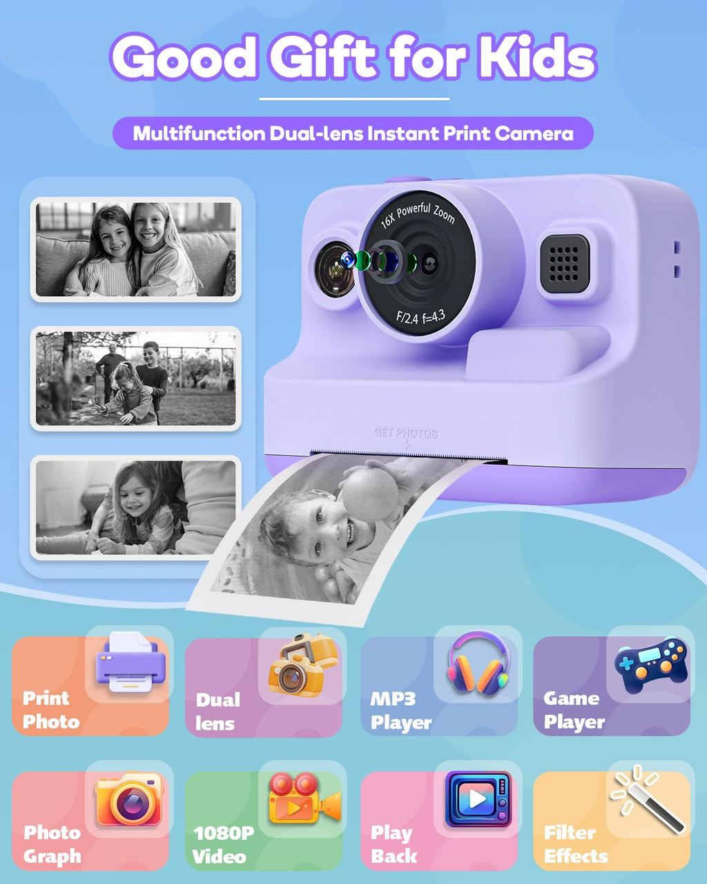 Dylanto Kids Camera Instant Print,1080P Kids Instant Cameras that Print Photos,Christmas Birthday Gifts for Girls Age 3-12,Portable Toy for 3 4 5 6 7 8 9 10 Year Old Girls Boys-Blue