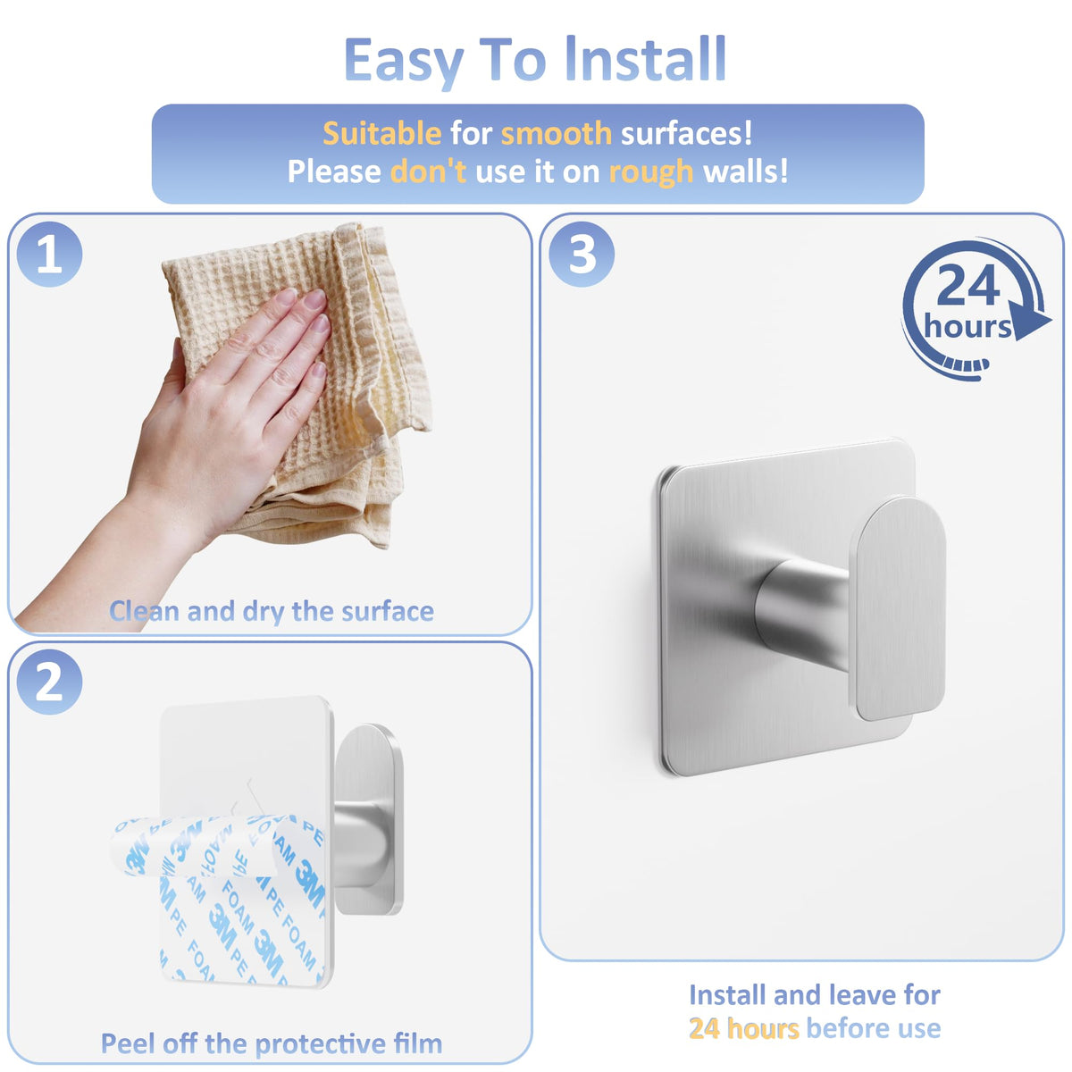 Aikzik Strong Self Adhesive Hooks - 6 Pack Heavy Duty 8kg(Max), Stainless Steel Sticky Hooks for Hanging for Towel, Coat, Robe, Stick on Bathroom, Kitchen, Door and Wall, Black