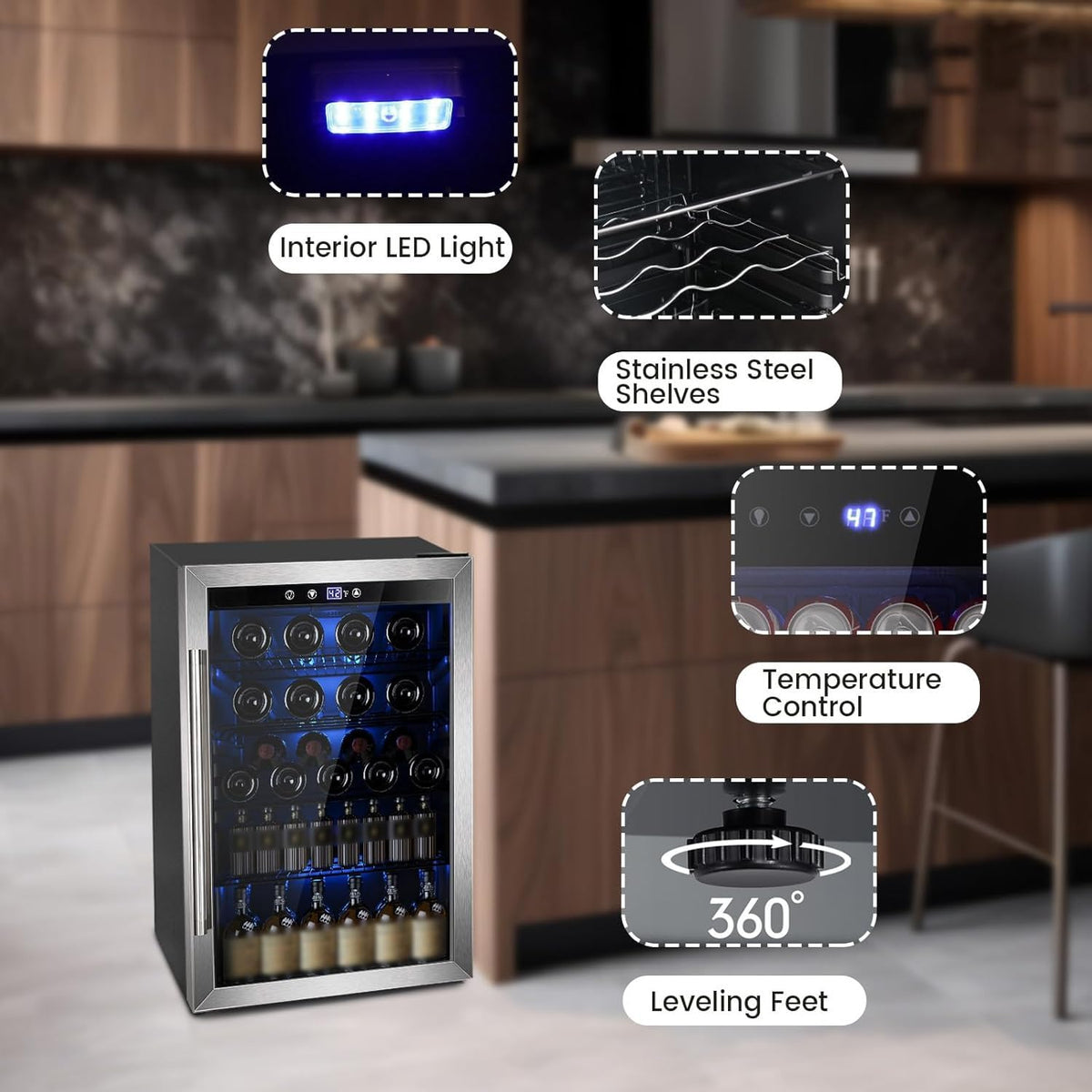 Electactic 48 Can Beverage Refrigerator,12 Bottle Wine Cooler with Seamless Stainless Steel & Glass Door, Digital Temperature Display, Countertop Mini Fridge for Soda, Wine or Beer, Silver