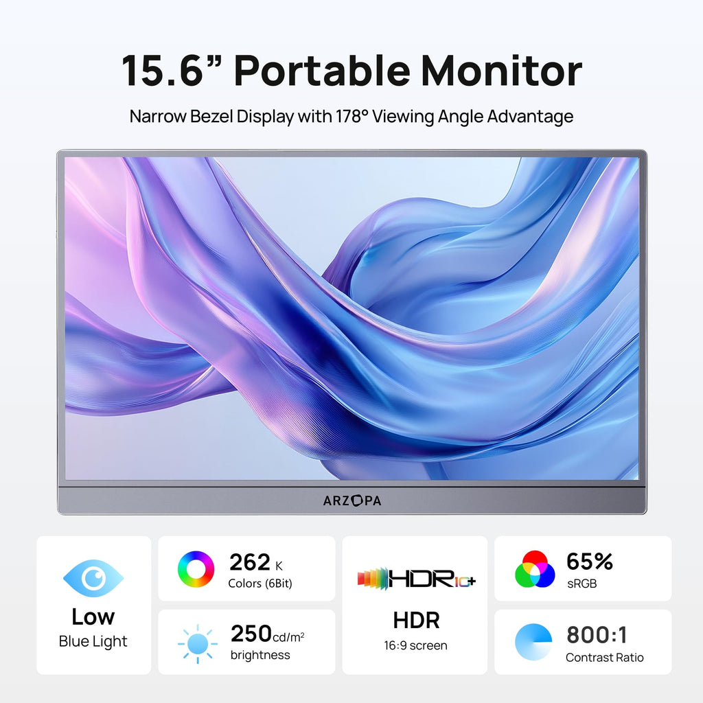 ARZOPA Portable Monitor 15.6" 1920×1080 FHD IPS Portable Monitor for Laptop with Kickstand, Ultra-Slim Second Screen for Laptop/PC/Mac/PS3/4/5/Xbox - USB C & HDMI Connectivity - A1