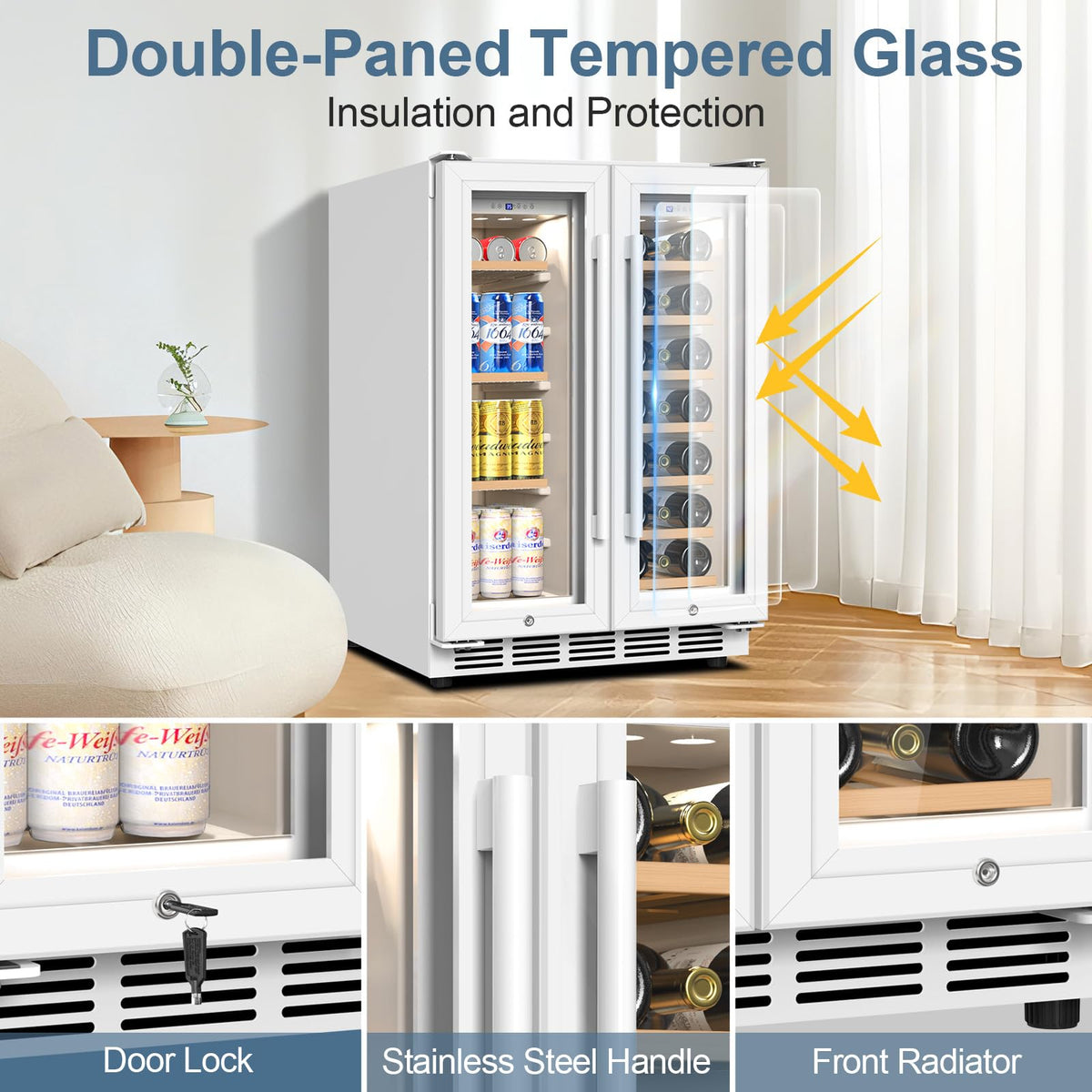 24" Dual Zone Wine and Beverage Refrigerator, Under Counter with Glass Door